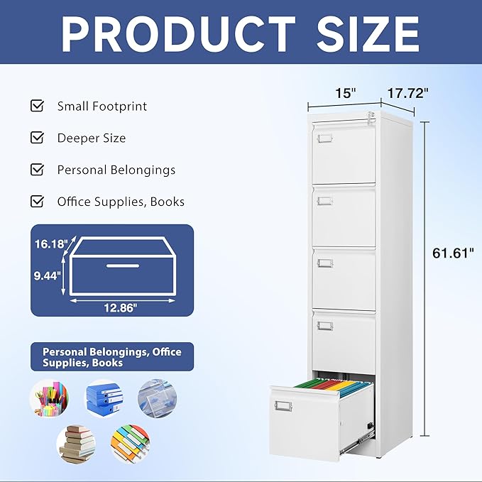 5 Drawer File Cabinet, Filing Cabinets for Home Office, Vertical File Cabinet with Lock, 61.6" H Locking File Cabinet for A4 Legal/Letter, Assembly Required (White)-DeskLoop Office