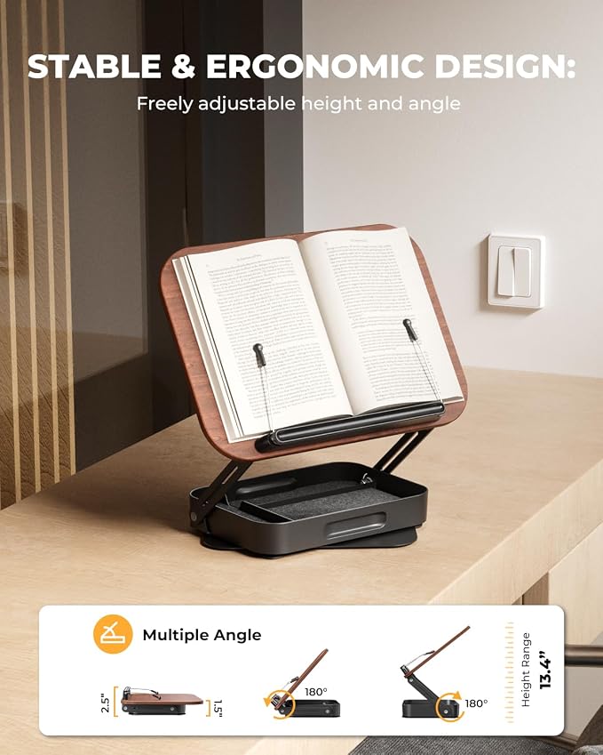 Adjustable Book Stand with Storage Drawer, 360° Rotating Book Holder, Height & - Image 5
