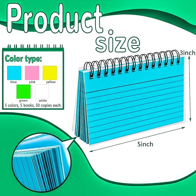 Colorful 250 Pcs Spiral Index Cards 3x5 Inch Flash Cards - Image 2