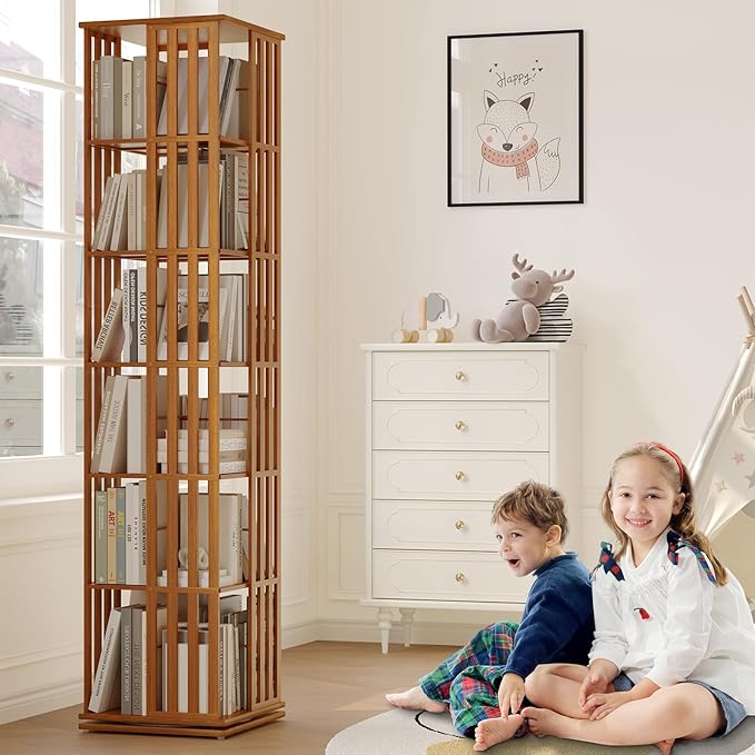 Rotating Bookshelf Tower, 360 Display Spinning Bookcase, Bamboo Bookshelf Floor Standing Storage Rack, Wood Narrow Book Shelf Organizer for Kids&Adults, Walnut 6 Tier-DeskLoop Office