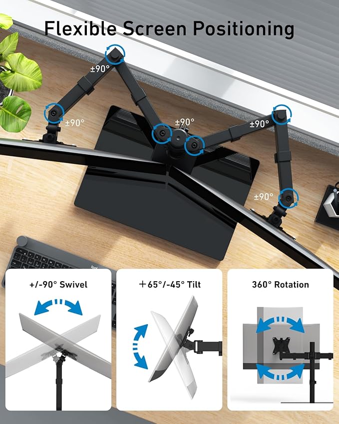 HUANUO Freestanding Dual Monitor Stand, 32 Inch Dual Monitor Mount for 2 Screens, Holds up to 22 lbs per Arm, Monitor Arm Riser with Tempered-Glass Base, Tilt, Swivel, Rotation, Black-DeskLoop Office