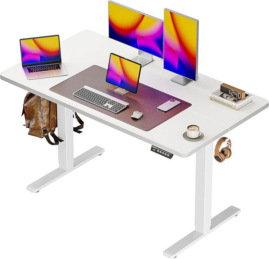 Huuger 48 x 28 Large Electric Standing Desk, Height Adjustable Desk, 27.6" Deep Desktop, Stand up Gaming, 2 Hooks, 3 Preset Heights, for Home Office, White-DeskLoop Office