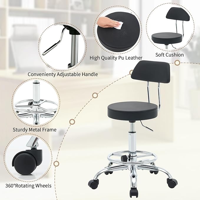 Rolling Stool with Back,Adjustable Height Foot Rest Rolling Salon Chair 19.5’’-26.6’’,Black Ergonomic Stool (Black)-DeskLoop Office