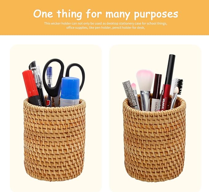 2 Pack Rattan Pencil Holder for Desk Handmade Pen Organizer Bucket Boho Desk - Image 4