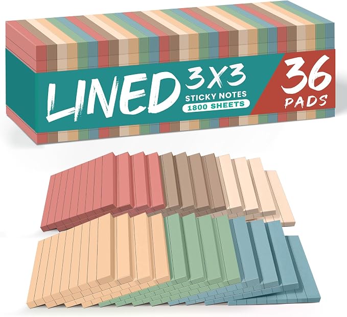 Lined Sticky Notes, 3x3 Inches, 36 pad, Self-Stick Note Pads by Taja