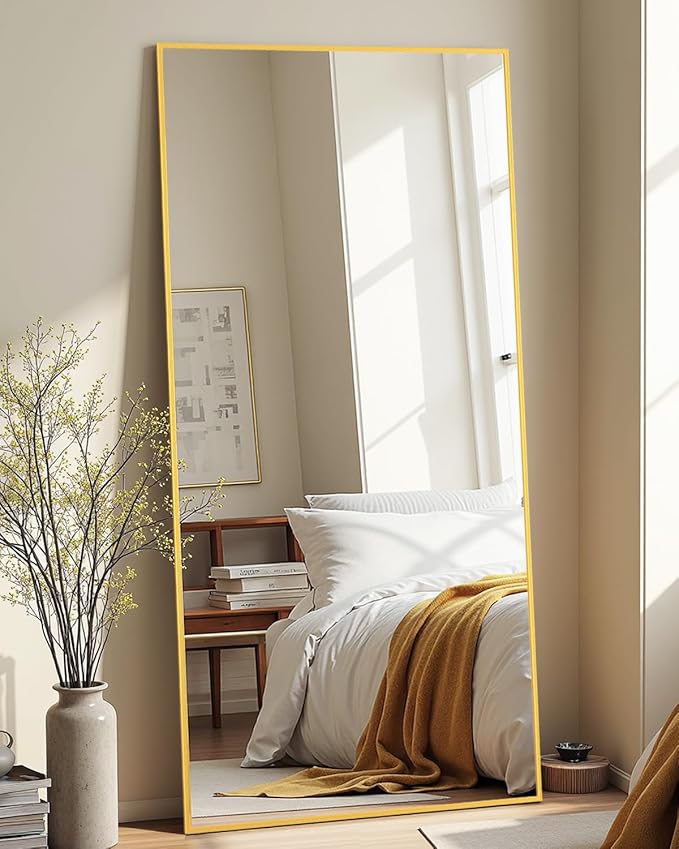 Full-Length Floor Mirror with Stand, 58"x21" Rectangle Style Full Body Standing Mirror for Bedroom, Living Room, Gym, Dorm - Shatter-Resistant & Easy Assembly, Gold-DeskLoop Office