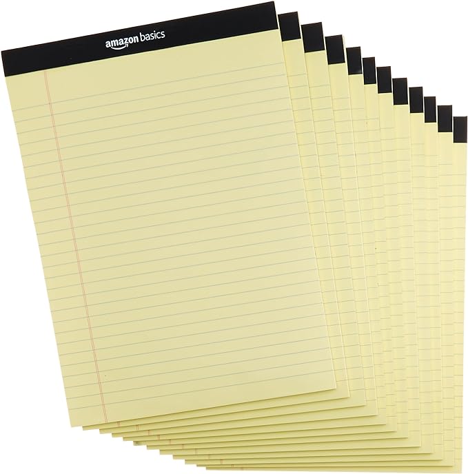 Amazon Basics 50 sheet Wide Ruled Lined Writing Note Pad, 8.5" x 11.75", 12-Pack, 600 Perforated Sheets, Canary-DeskLoop Office