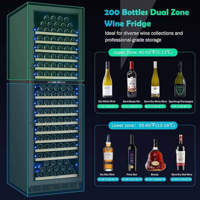 200 Bottle Dual Zone Wine Fridge – 24 Inch Large Capacity Wine Cooler Refrigerator Freestanding/Built-In with Upgraded Compressor, Low-Noise Wine Cellar & Intelligent Temperature Control - Black-DeskLoop Office