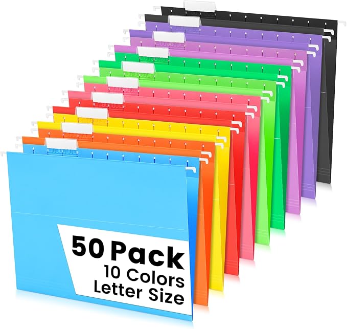 50-Pack Assorted Hanging File Folders, Letter Size by Jowaia