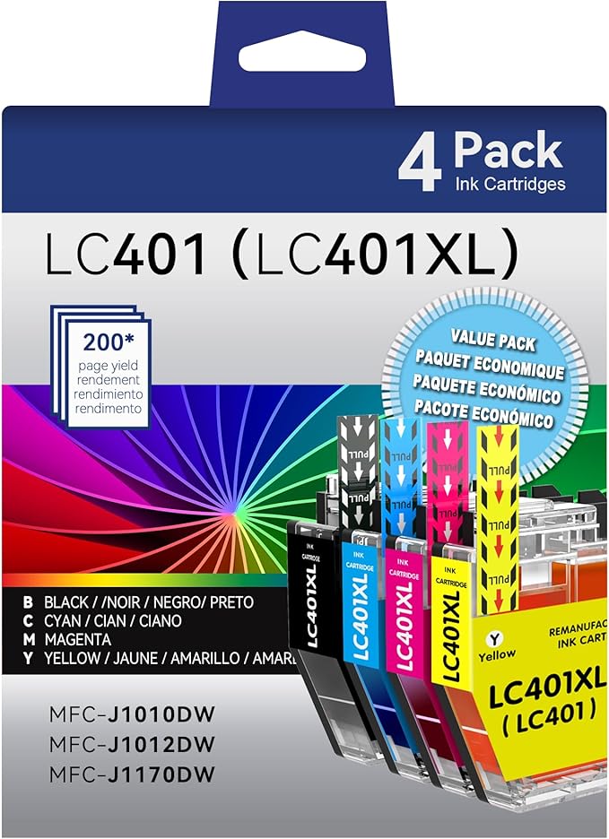 LC401 Ink Cartridges Compatible for Brother LC401 Ink Cartridges Color Standard Yield Work with Brother MFC-J1010DW MFC-J1012DW MFC-J1170DW Printer (1 Black,1 Cyan,1 Magenta,1 Yellow,4 Pack)-DeskLoop Office