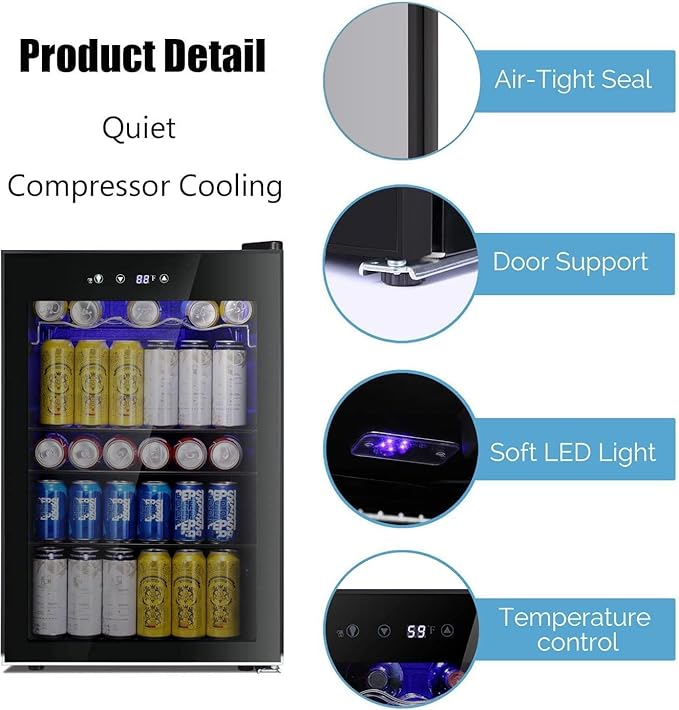 Antarctic Star Beverage Cooler 145 Can Mini Fridge Glass Door for Soda Beer Wine Glass Door Stainless Steel Small Drink Refrigerator Digital Display for Home, Office Bar,4.4cu.ft-DeskLoop Office