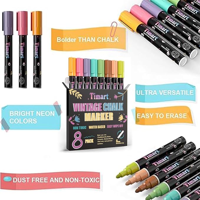 Timart Vintage 8 Pack Liquid Chalk Markers, Bold Wet & Dry Erase Marker Pens - Image 7