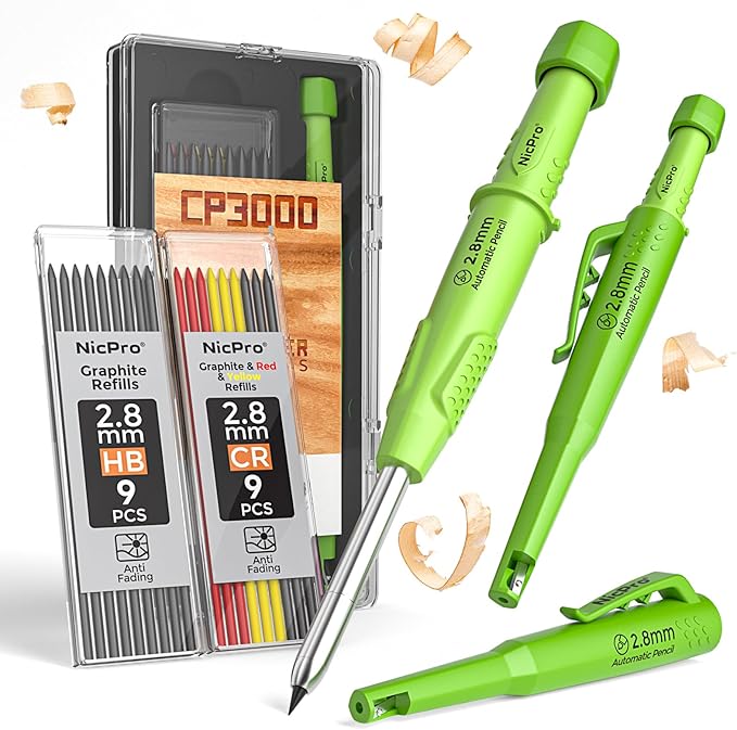 Nicpro CP3000 Carpenter Pencil with Sharpener, 2.8 mm Mechanical Pencils with 19 Refills, Deep Hole Marker for Construction, Heavy Duty Woodworking Pencil, Carpenter Tools for Architect Marking(Green)
