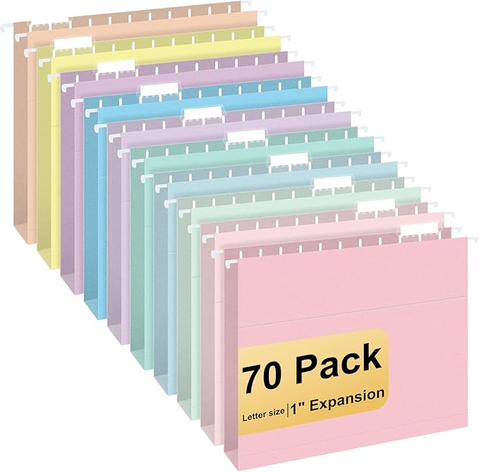 Hanging File Folders, 70 Pack Letter Size Hanging File folders with 1/5-cut Tabs, Stay Organized for Your Home and Office Bulk File, Documents and Paper, Macaron 10 Colors