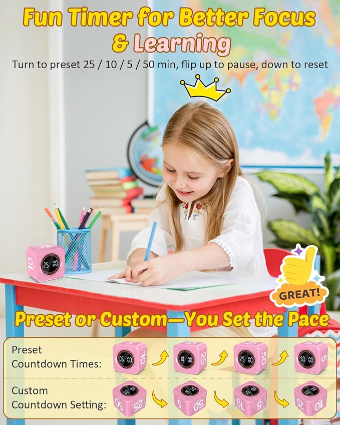 Digital Pomodoro Timer Cube 5/10/25/50min, Visual Productivity Flip Timer - Image 2