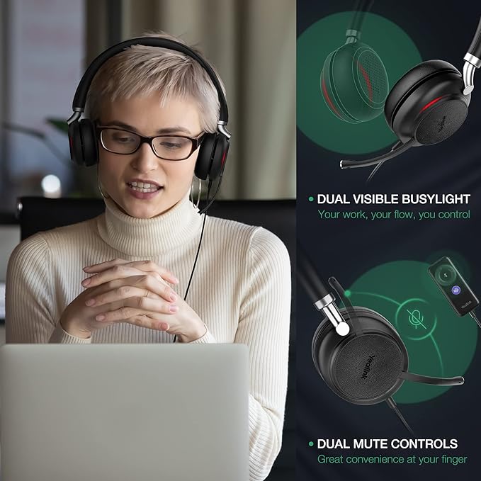 Yealink UH38 Bluetooth USB Wired Headset, Work Headset with Noise Cancelling Microphone, Teams Certified, Comfort Fit, Dual Connect for PC Computer & Mobile Devices, Dual Busylight-DeskLoop Office