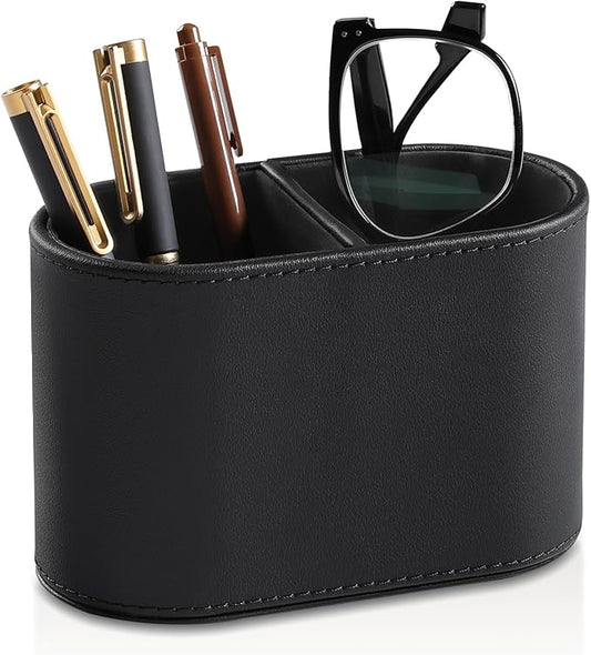 PU Leather Pen Holder for Desk, Small Remote Control Holder Pencil Cup Multifunctional Desktop Organizer Caddy for Home School Office Desk Accessories - 2 Compartments (Black)-DeskLoop Office