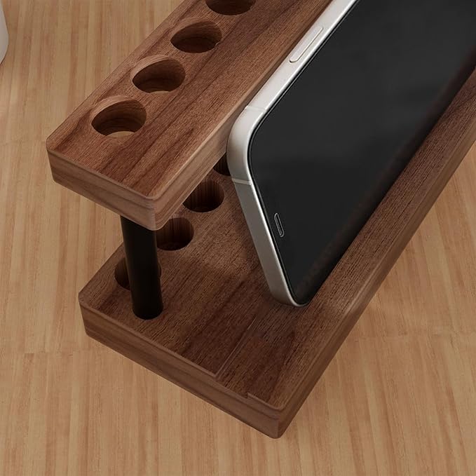 Pencil & Pen Holder for Desk, Solid Walnut Pen Display Stand with 9 Slots and Cell Phone Holder, Aesthetic Pen Organizer for Minimalist Office Desk Decor-DeskLoop Office
