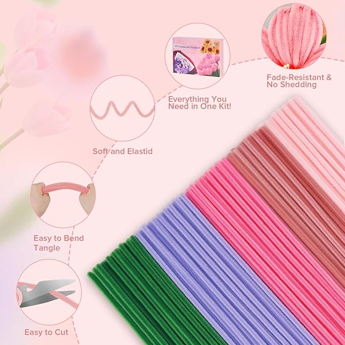 500 PCS Pipe Cleaners Craft Kit for Flower Making Lily DIY Material Bundle with 20 Stems, 100 Stamens, Ribbon, Tulle, Glue Sticks & Step-by-Step Guide Vibrant Colors, Non-Shedding, Fade-Resistant-DeskLoop Office