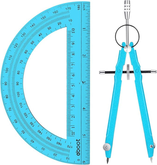 EBOOT Student Geometry Math Set, Drawing Compass and 6 Inch Clear Swing Arm Protractors 180 Degree Math Protractor(Blue and Blue)
