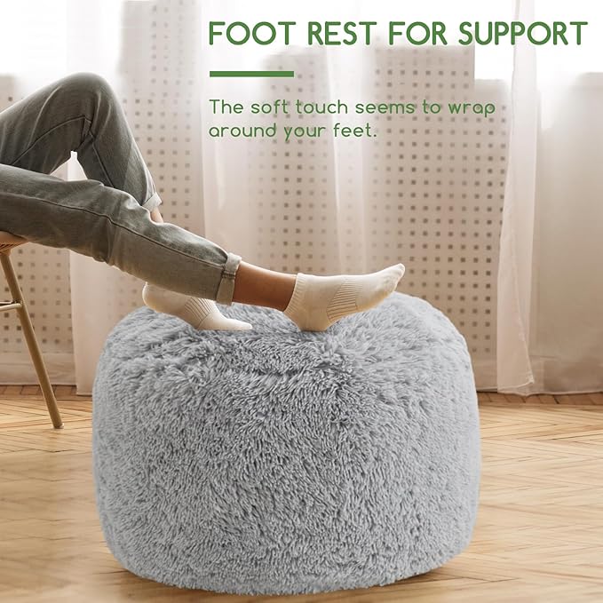 HIGOGOGO Round Stuffed Pouf Ottoman, Long Faux Fur Poufs with Foam Chunk Filling, Fluffy and Furry Pouf Foot Stool Storage Ottoman, 26 X 18 Floor Poufs Foot Rest for Living Room, Light Grey-DeskLoop Office