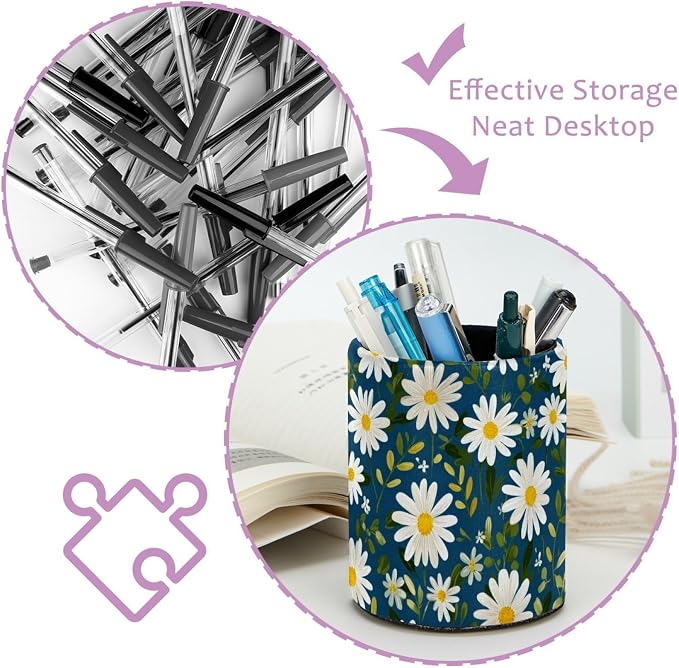 Leather Pen Holder for Desk Small Daisies Leaf Pencil Cup Desktop Organizer - Image 4