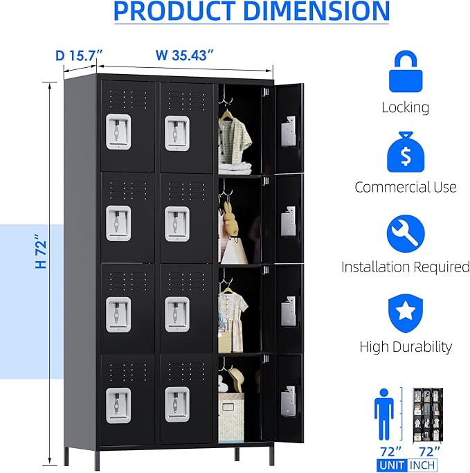 12 Doors Metal Lockers for Employees with Lock, Metal Locker with 12 Hooks for School Garage Office Gym Home,Assembly Required,Black-DeskLoop Office