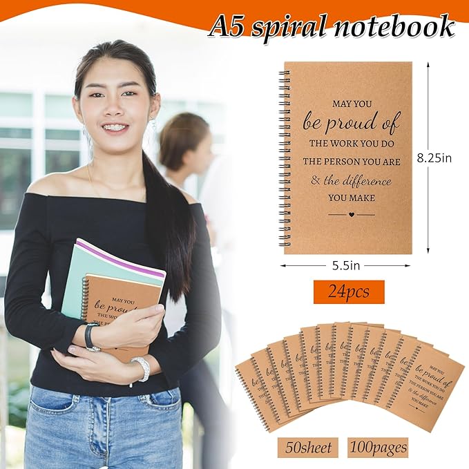 Colarr 24 Pcs A5 Inspirational Spiral Notebook Bulk Appreciation Gift 6x8 Inch Motivational Notepad 100 Page/50sheet Lined College Ruled Journal for Employee Coworker Teacher Nurse (Brown)-DeskLoop Office