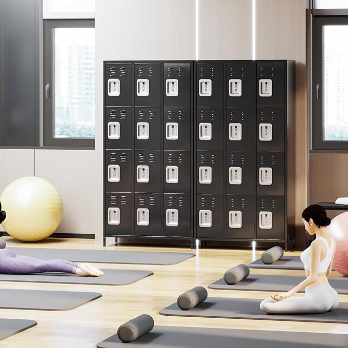 12 Doors Metal Lockers for Employees with Lock, Metal Locker with 12 Hooks for School Garage Office Gym Home,Assembly Required,Black-DeskLoop Office