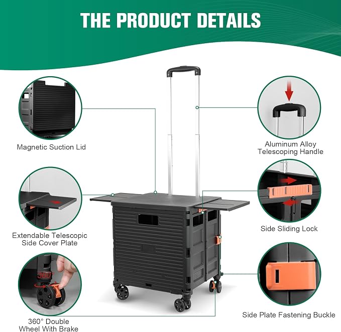 FELICON SELORSS Folding Utility Cart Portable Rolling Crate Handcart-Black | - Image 3