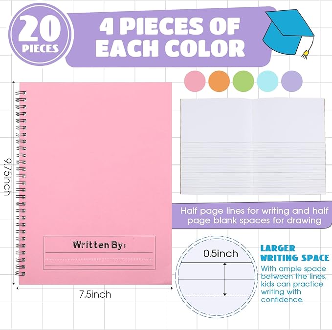 Henoyso 20 Pcs 100/50 Sheets Primary Composition Notebook K-2 Bulk Spiral Primary Journal Drawing Handwriting Practice for Kids Kindergarten 1st 2nd Back to School Supplies (Pastel Color,50 Sheets)-DeskLoop Office