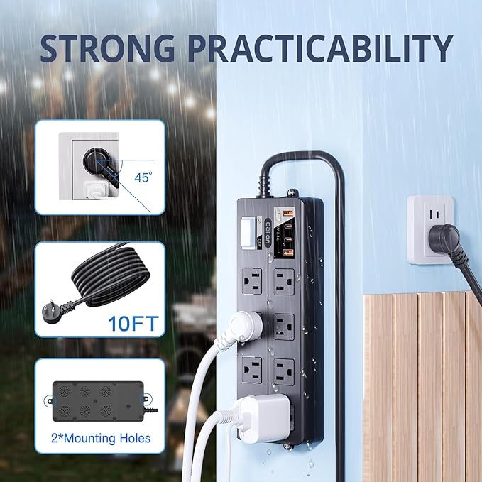 IPX6 Outdoor Power Strip Weatherproof, Waterproof Surge Protector with 8 Wide Outlet with 2A2C USB Ports, 15FT Long Extension Cord, Wall Mountable for Outside Decorations and More UL Listed(Black)-DeskLoop Office