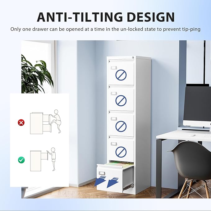 5 Drawer File Cabinet, Filing Cabinets for Home Office, Vertical File Cabinet with Lock, 61.6" H Locking File Cabinet for A4 Legal/Letter, Assembly Required (White)-DeskLoop Office