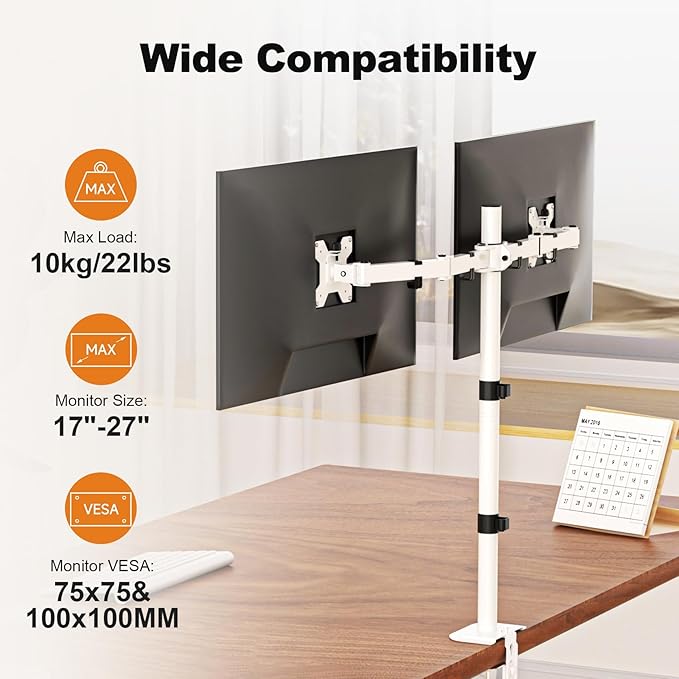 Suptek Dual LED LCD Monitor Stand up Desk Mount Extra Tall 31.5" Pole Heavy Duty Fully Adjustable Stand for 2 / Two Screens up to 27 inch,White (MD6842W)-DeskLoop Office