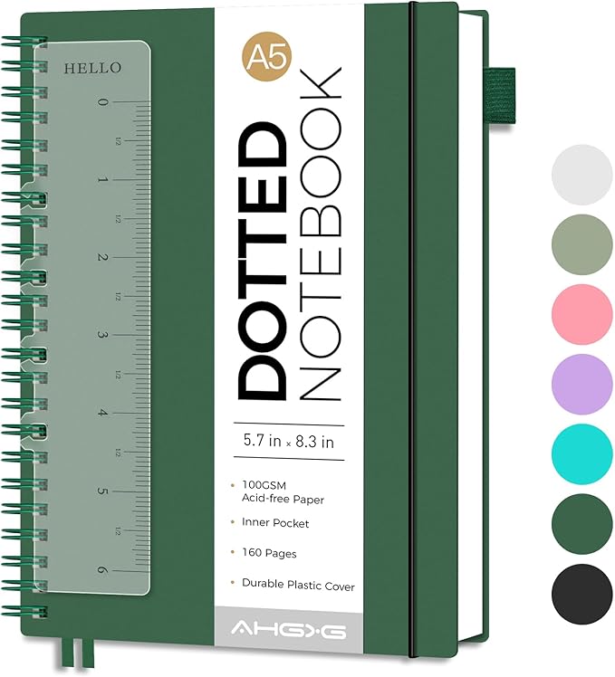 AHGXG Bullet Dotted Journal - Dot Grid Spiral Notebook A5, 160 Pages, 100 GSM Thick Paper, Waterproof Plastic Cover Journals for Bullet Journaling, Sketching, 5.7" x 8.3", Green-DeskLoop Office