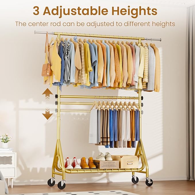 Double Rods Clothing Rack, Heavy Duty Clothes Rack for Hanging Clothes Load 560LBS, Metal Rolling Garment Racks with Wheels, Freestanding Clothes Hanging Racks, Gold-DeskLoop Office