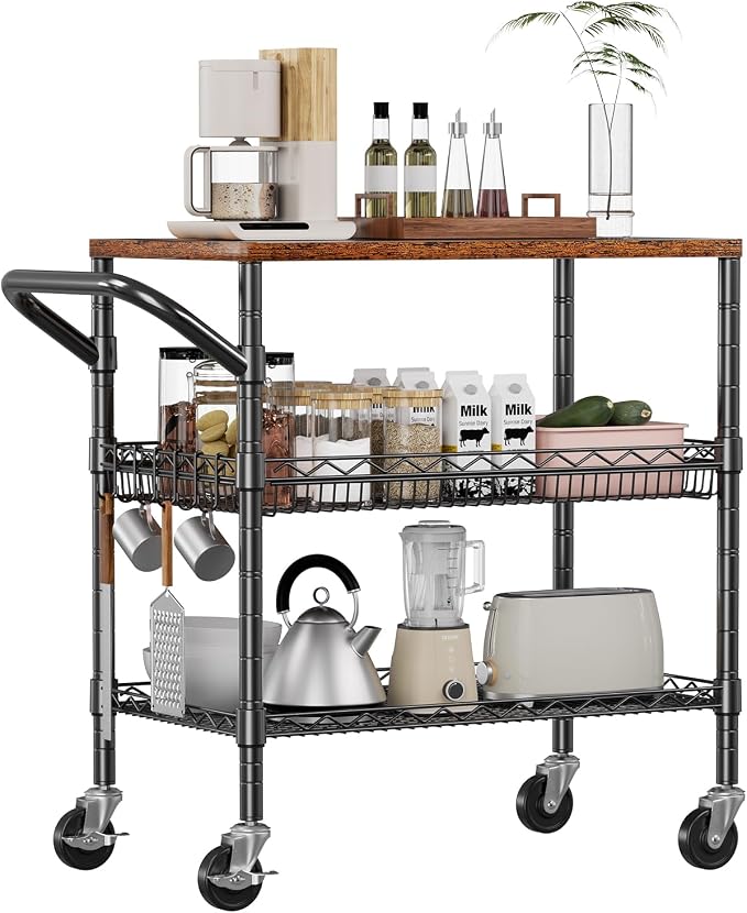 WDT 3 Tier Rolling Carts with Wheels, Heavy Duty Rolling Utility Cart with Wood - Image 9