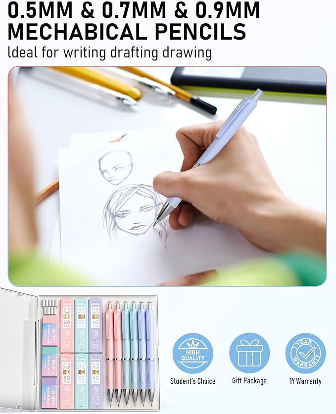 Nicpro 6PCS Pastel Mechanical Pencil Set, Cute Mechanical Pencils 0.5 mm & 0.7 - Image 7