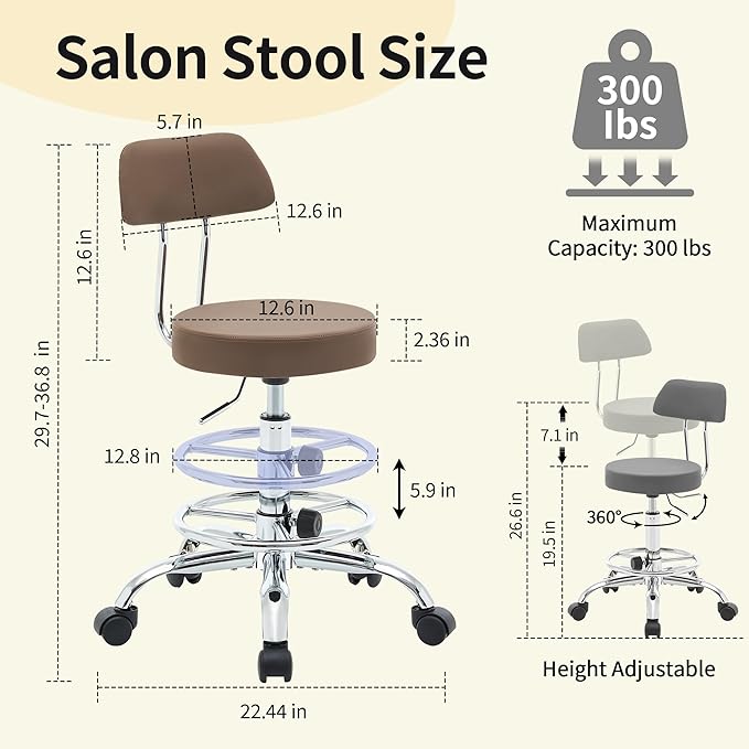 Salon Rolling Chair, Adjustable Stool with Footrest and Back 19.5’’-26.6’’,Coffee Brown Massage Stools with Wheels (Coffee Brown)-DeskLoop Office