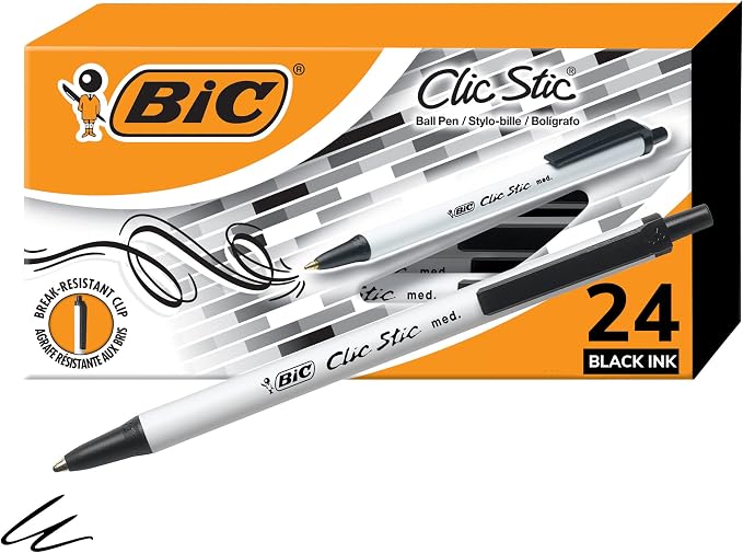 BIC Clic Stic Black Retractable Ballpoint Pens, Medium Point, School Supplies by BIC