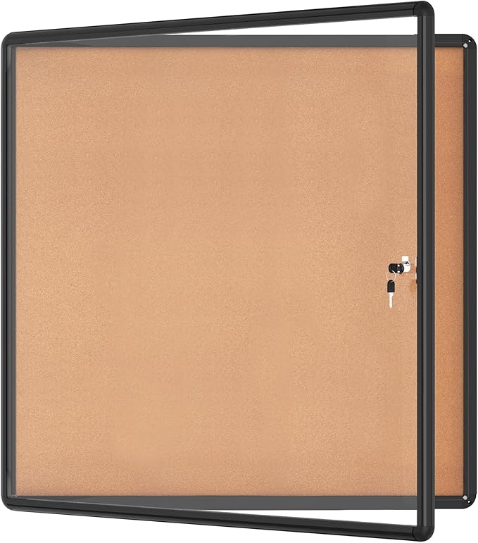38"x38" Enclosed Bulletin Board, Lockable Weather-Resistant Aluminum Cork Noticeboard for School & Office Hospital, Black Frame w/Cork-DeskLoop Office