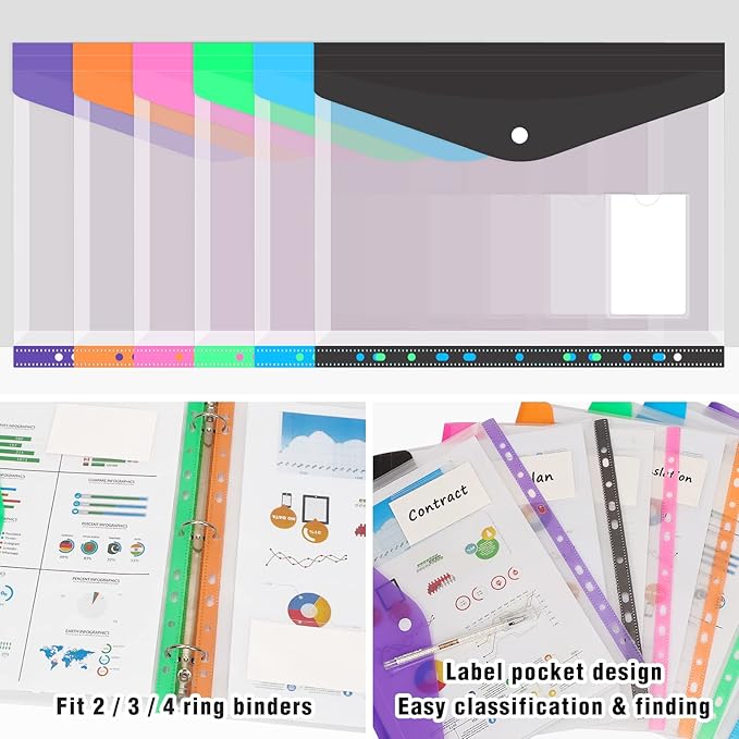 Colorlife Binder Pocket 12 Pack Plastic Envelopes Binder Folders 11 Holes - Image 5