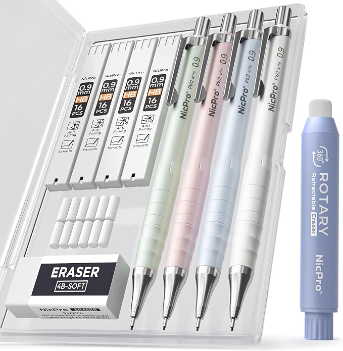 Nicpro Cute Mechanical Pencil Set, 4B Erasers, Rotary Retractable Eraser and by Nicpro