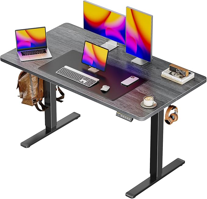 Huuger 48 x 28 Large Electric Standing Desk, Height Adjustable Desk, 27.6" Deep Desktop, Stand up Gaming, 2 Hooks, 3 Preset Heights, for Home Office, Grey-DeskLoop Office