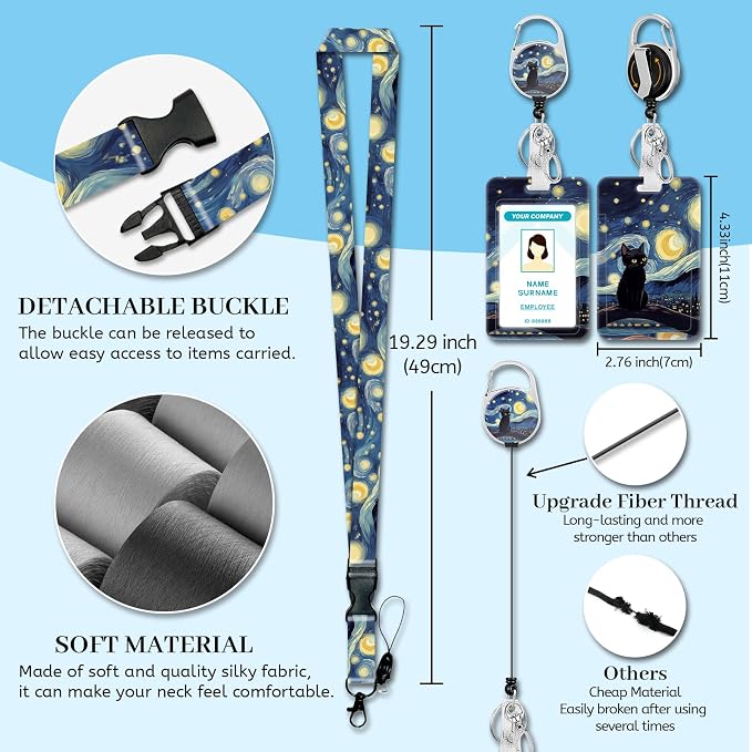 Hancynir Black Cat Lanyards for Id Badges, Starry Night Badge Holder - Image 4