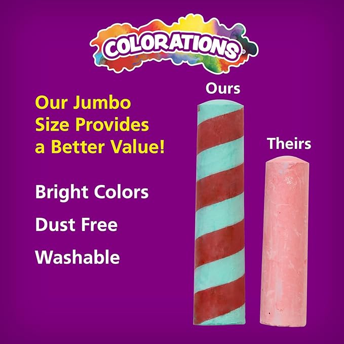 Colorations Sidewalk Chalk – 50pc 4” x 1” Washable, Bright Colored Chalk Set – Fun Kid Art Colors & Patterns – Draw on Classroom Chalkboard or Outdoor Playground – Jumbo Bulk-DeskLoop Office