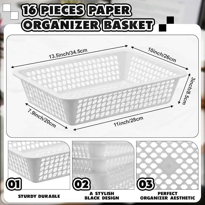 Zhehao 14 x 10 x 3 Inch 16 Pack Paper Organizer Basket Small Plastic Storage - Image 2