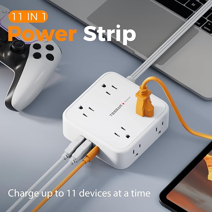 Flat Extension Cord, TESSAN Surge Protector Power Strip 5 FT with 8 Outlets 3 USB (1 USB C) Ports, 3-Sided Outlet Extender with 900J Surge Protection for Office Supplies, Dorm Room Essentials, White-DeskLoop Office