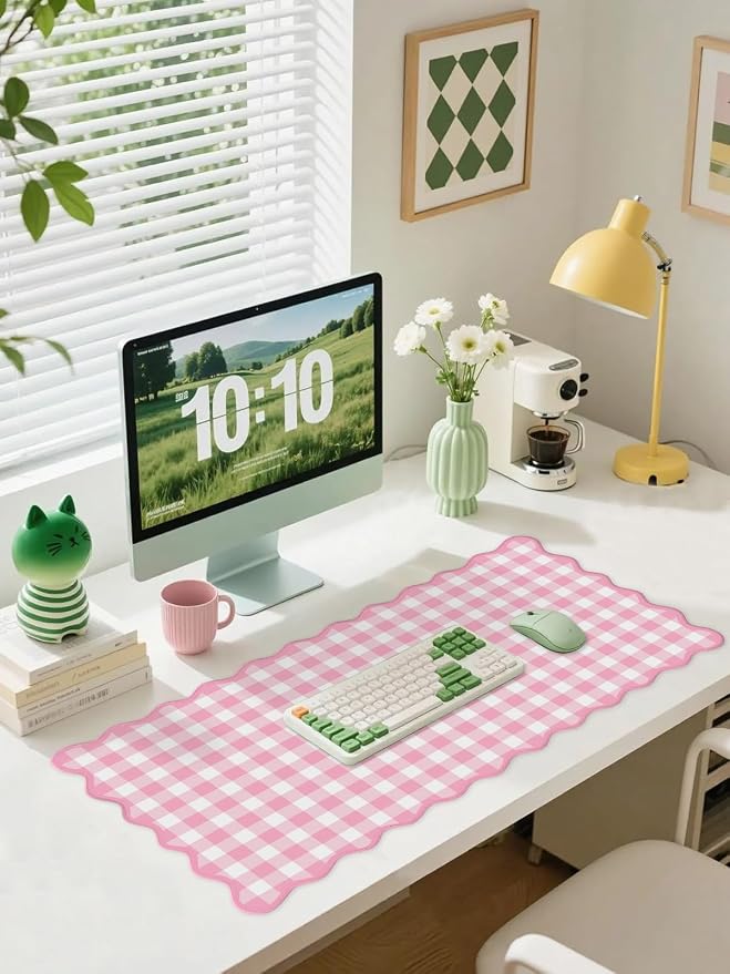 Scalloped‌ Pink Checkered Gingham Desk Mat Cute Pastel Large Mouse Pad Kawaii - Image 2