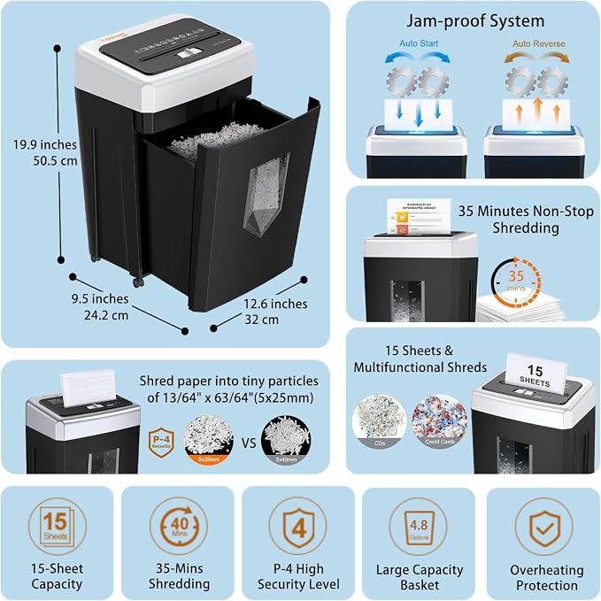 Bonsaii 15-Sheet Cross-Cut Paper Shredder, Heavy-Duty Office Use, 35-Min - Image 2